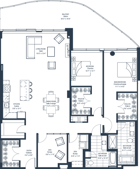 Floor plan for 2 beds, 2 baths, 2038 sqft
